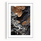 Abstract art print featuring swirls in muted gray and blue tones, framed in white, ideal for dining room decor.