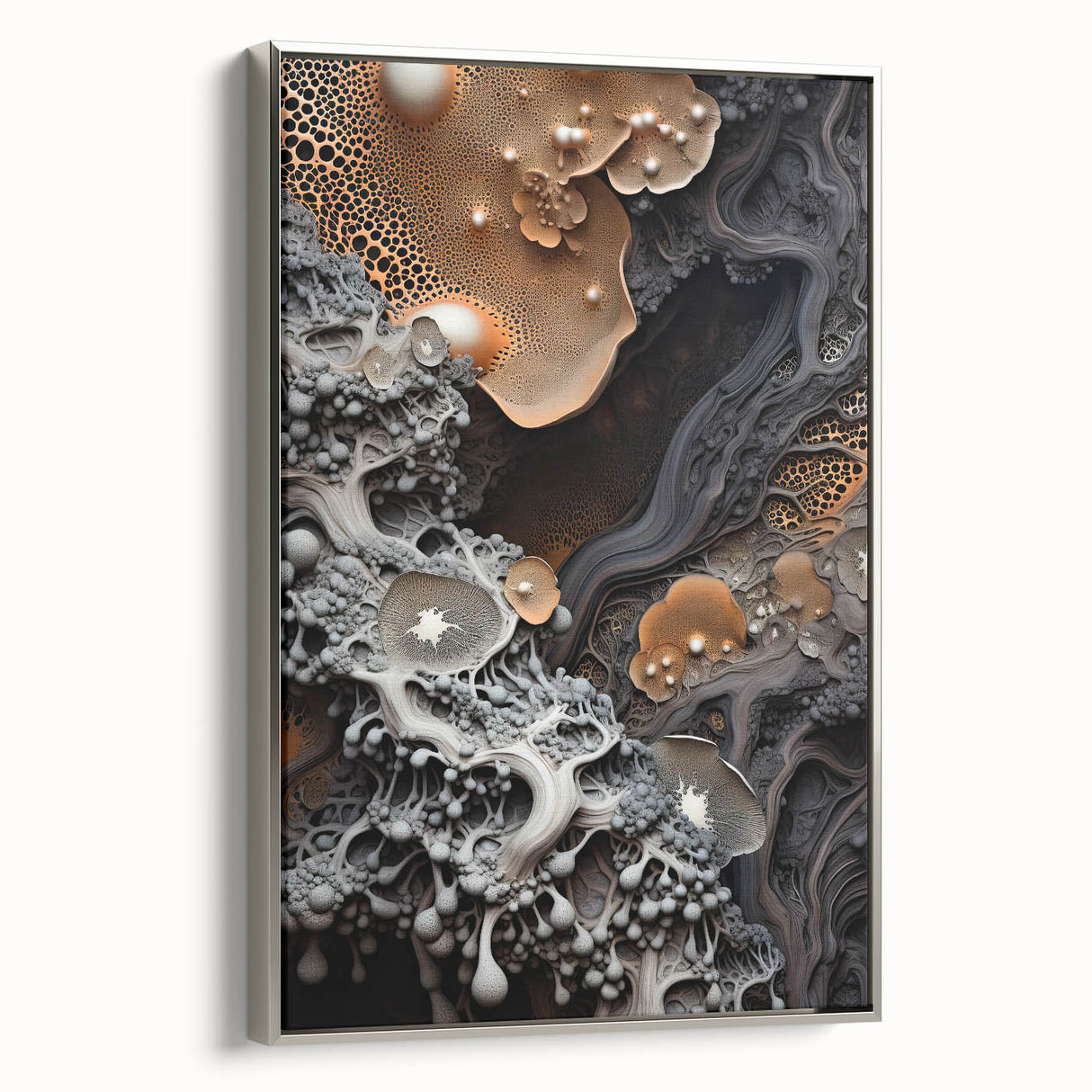 Vintage poster art on framed canvas, featuring a close-up of natural elements in silver, black, and vibrant colors.