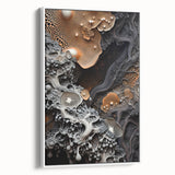 Mid-century modernist art on framed canvas depicting natural elements in muted earth tones, suitable for nursery wall art.