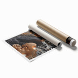 Extra large rolled print featuring close-up of white floral elements on a muted background.