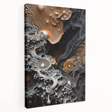 Close-up view of a large, stretched canvas featuring natural elements in muted earth tones, suitable for kitchen wall art.