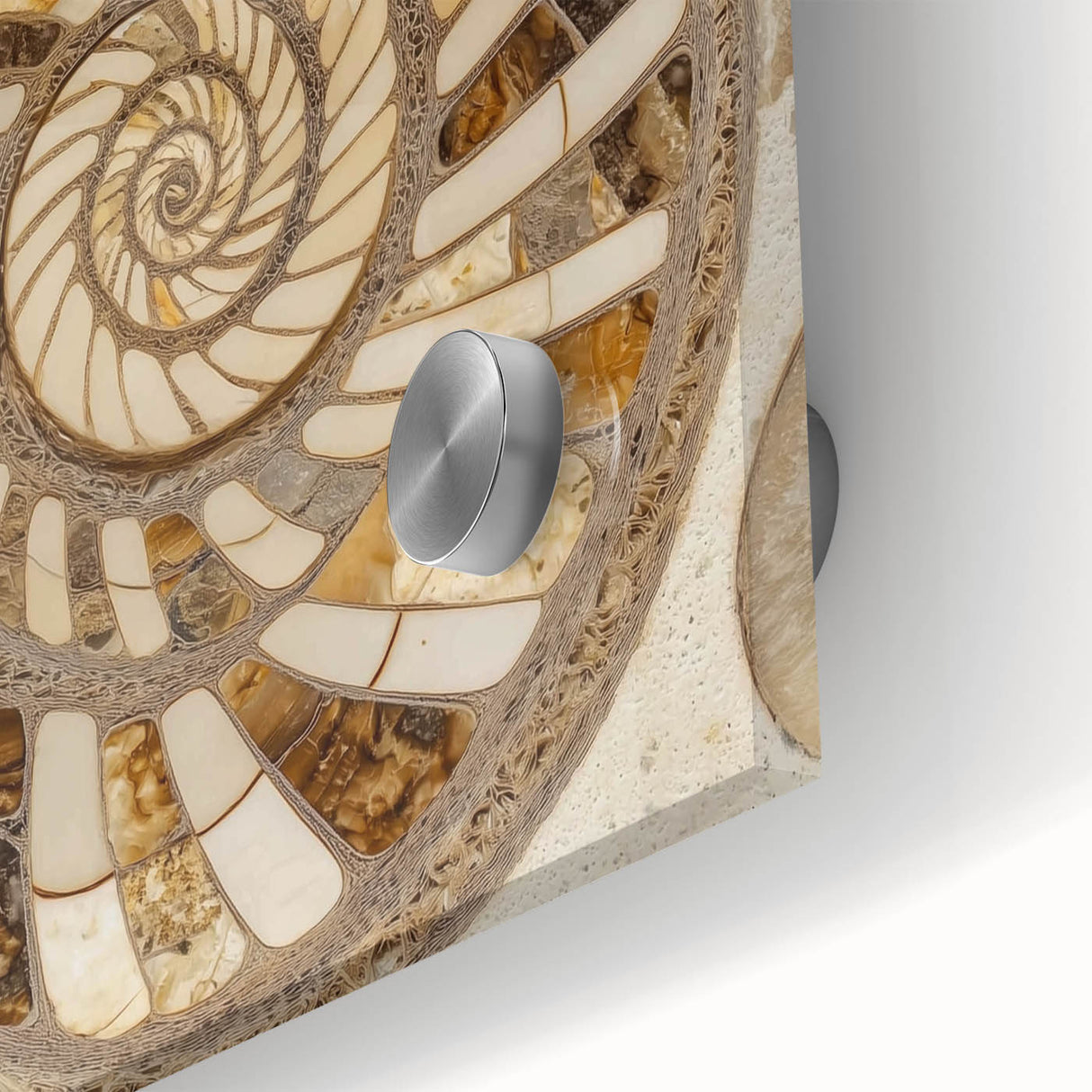 Close-up of nature elements in muted green and brown tones on acrylic glass, ideal for bedroom or dining room art.