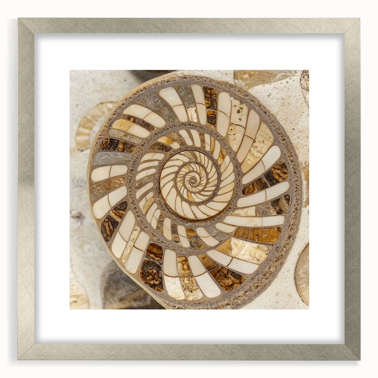 Textured art print of abstract nature elements in muted green and brown tones, framed in silver, ideal for bedroom decor.