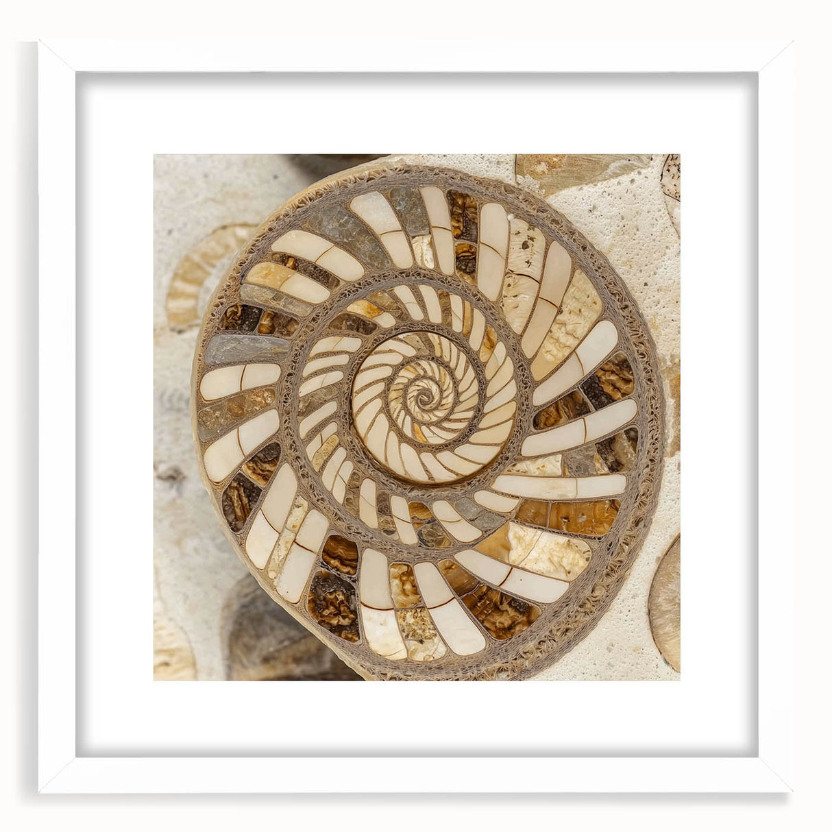Abstract art print featuring close-up nature elements in muted green and brown, framed with a white mat.