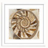 Abstract art print featuring close-up nature elements in muted green and brown, framed with a white mat.