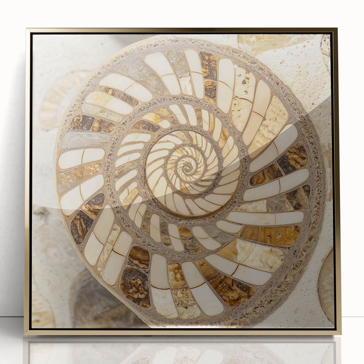Mid-century modernist large art print featuring close-up nature elements in gold tones, acrylic framed.