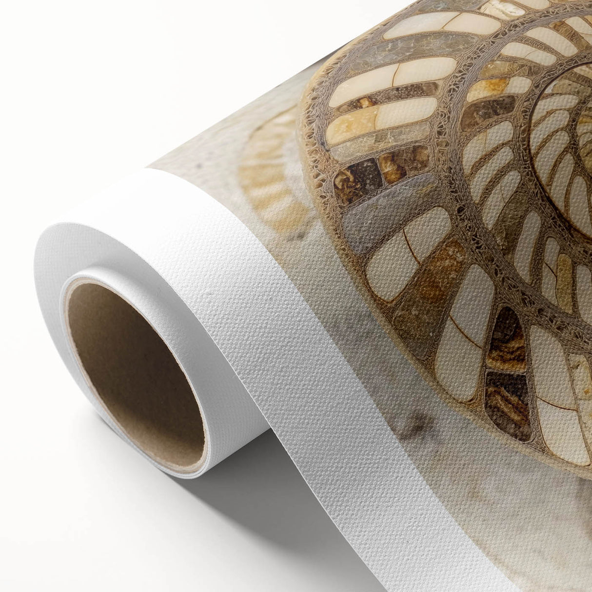 Art deco poster featuring close-up of nature elements in muted green and brown tones on rolled canvas.