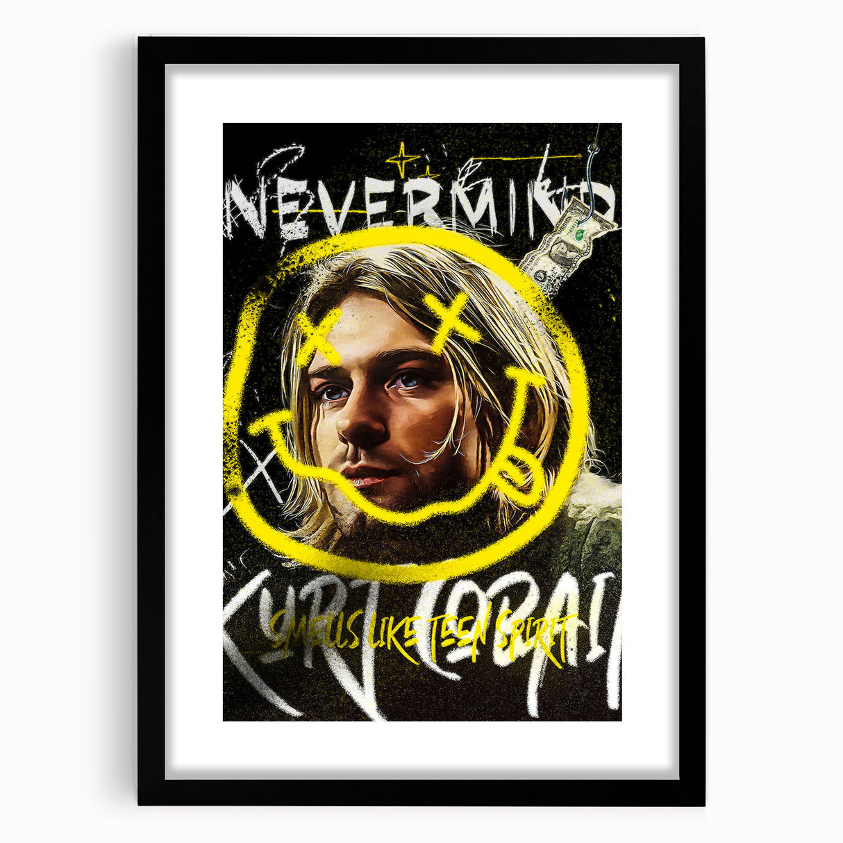 Grunge Pop Art Wall Art - Kurt Cobain Canvas with Yellow and Black