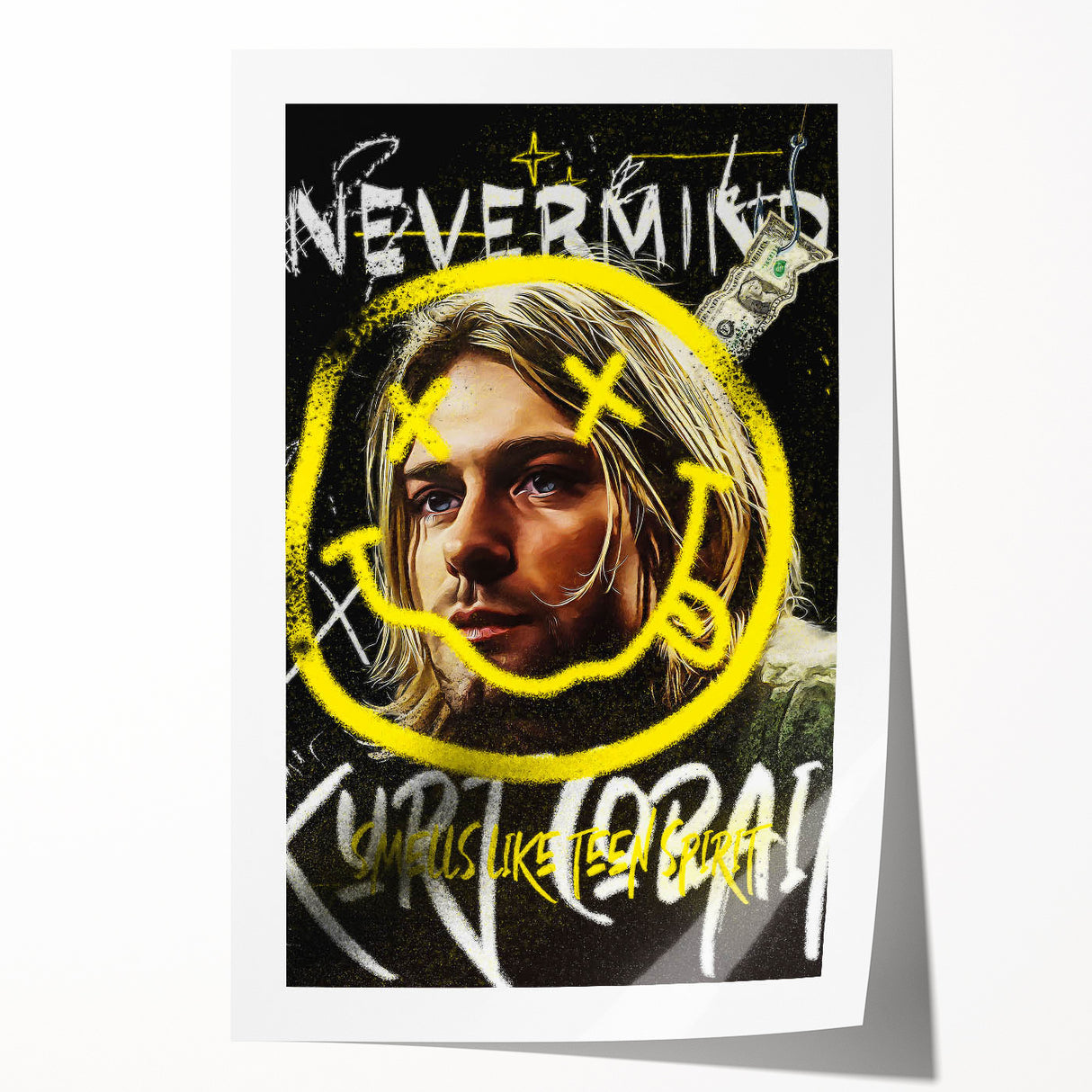 Grunge Pop Art Wall Art - Kurt Cobain Canvas with Yellow and Black
