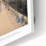 Mid-century modernist abstract design in vibrant orange and blue hues on large acrylic glass, ideal for dining room art.