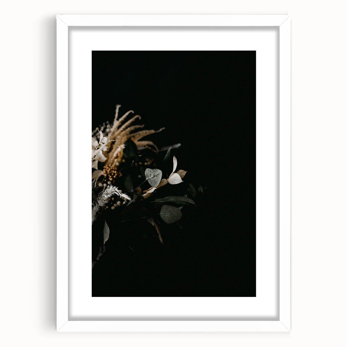 Abstract art print featuring autumnal shades on a white framed canvas, ideal for bedroom or dining room decor.