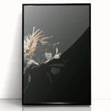 Large abstract wall art depicting autumn colors in mid-century modernist style, framed in black acrylic.