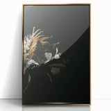 Mid-century modernist art depicting an abstract autumn landscape in warm gold and orange tones, framed acrylic print.