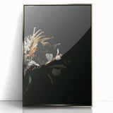 Mid-century modernist art depicting fall trees in muted orange and brown tones, framed in silver acrylic.