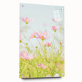 Large abstract wall art on acrylic glass depicting spring themes in soft green and pink tones.