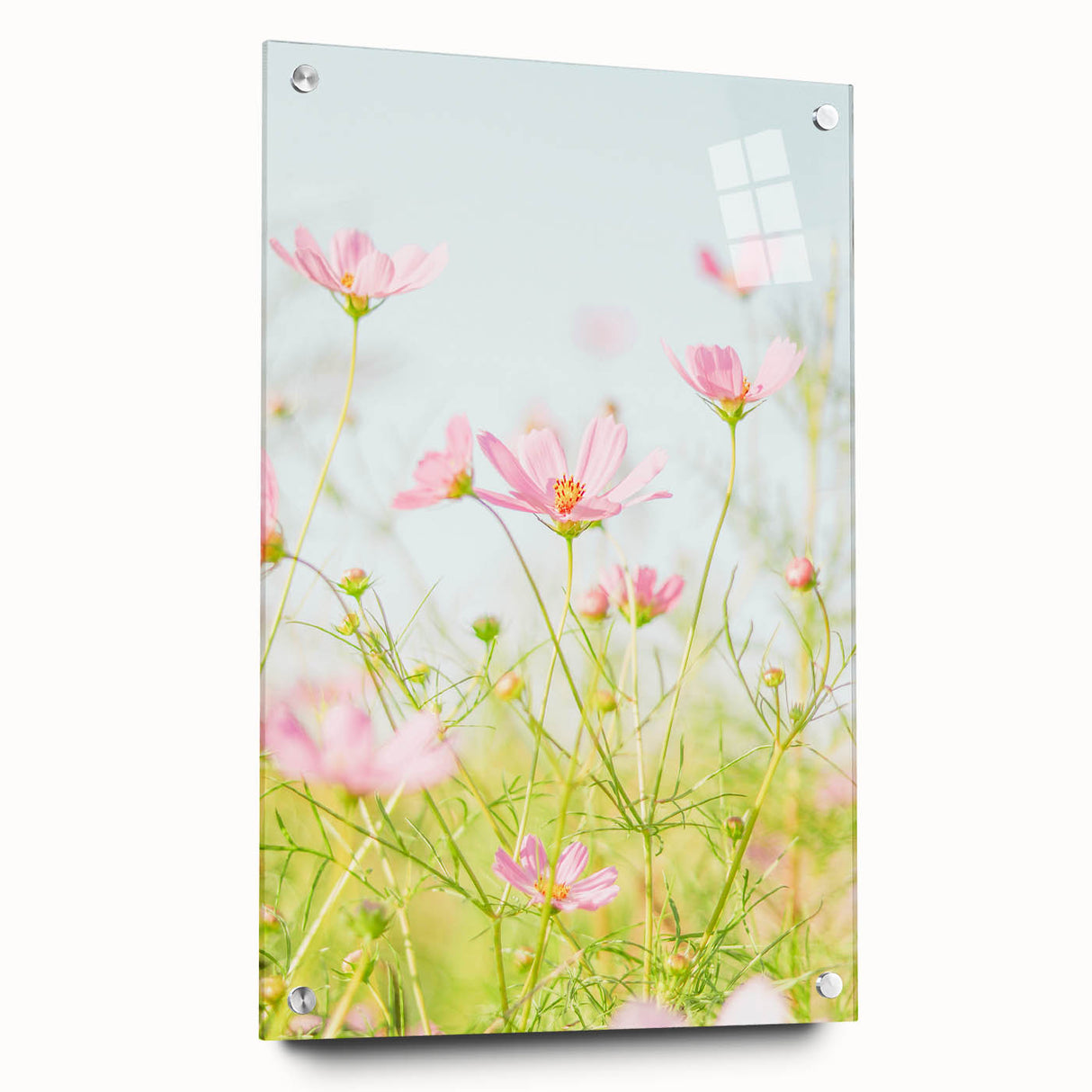 Large abstract wall art on acrylic glass depicting spring themes in soft green and pink tones.