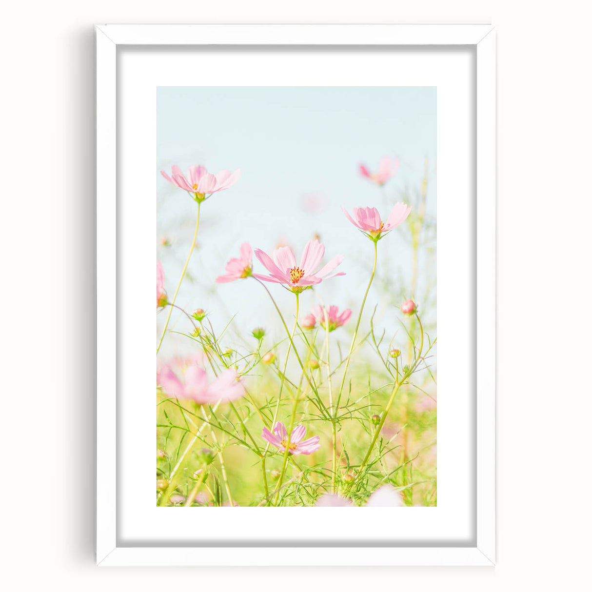 Abstract art print featuring swirling pastel shades on a white framed canvas, ideal for bedroom or dining room decor.
