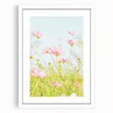 Abstract art print featuring swirling pastel shades on a white framed canvas, ideal for bedroom or dining room decor.