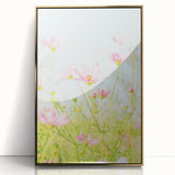 Large art print of a mid-century modernist spring scene in pastel shades, framed in gold acrylic, ideal for nursery wall art.