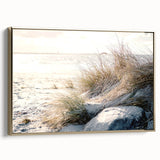 Framed canvas featuring a vintage poster-style landscape with summer scenery in black and gold tones.