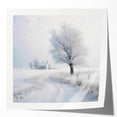 Winter scene with snow-covered trees in muted white and gray tones on a large glossy photo print.