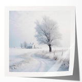 Winter scene with snow-covered trees in muted white and gray tones on a large glossy photo print.