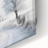 Winter scene with snow-covered trees in muted white and blue tones on a large acrylic glass.