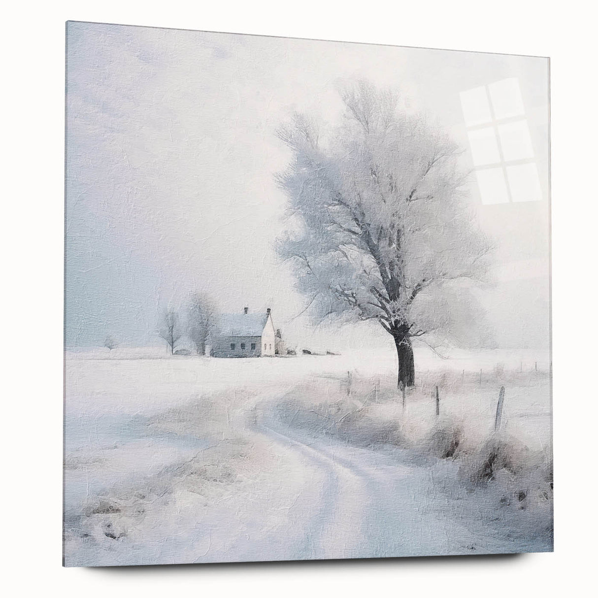 Large abstract wall art depicting a winter scene in muted blue and white tones on acrylic glass.