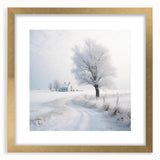Extra large abstract art print of a winter scene in muted blue and white tones, framed in gold, ideal for living room decor.