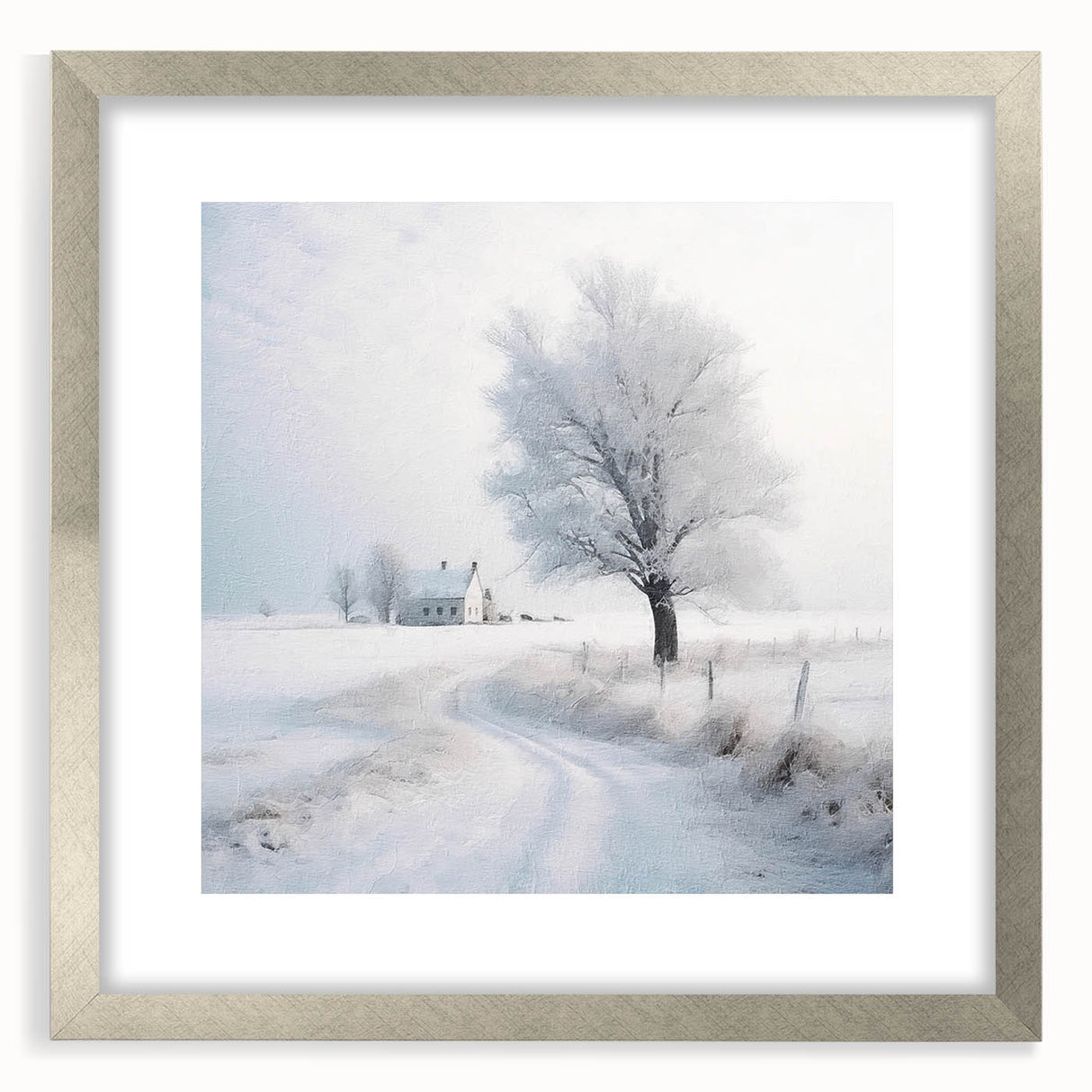 Textured art depicting a winter scene in muted blue and white tones on a framed silver mat, ideal for bedroom wall decor.