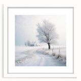 Abstract art print depicting a winter scene in muted blue and white tones, framed with a white mat.