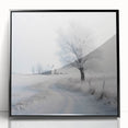 Framed acrylic print of large abstract wall art depicting a winter scene in muted blue and white tones.