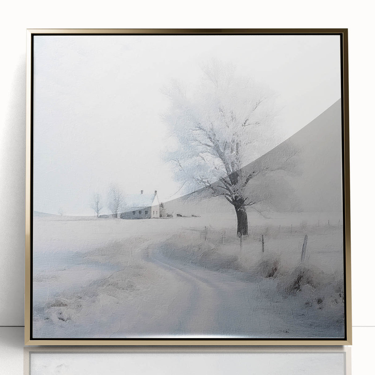 Winter scene with gold and white tones on a framed acrylic print, suitable for nursery wall art or modern decor.
