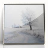 Mid-century modernist winter scene in silver hues on framed acrylic, suitable for nursery wall art.