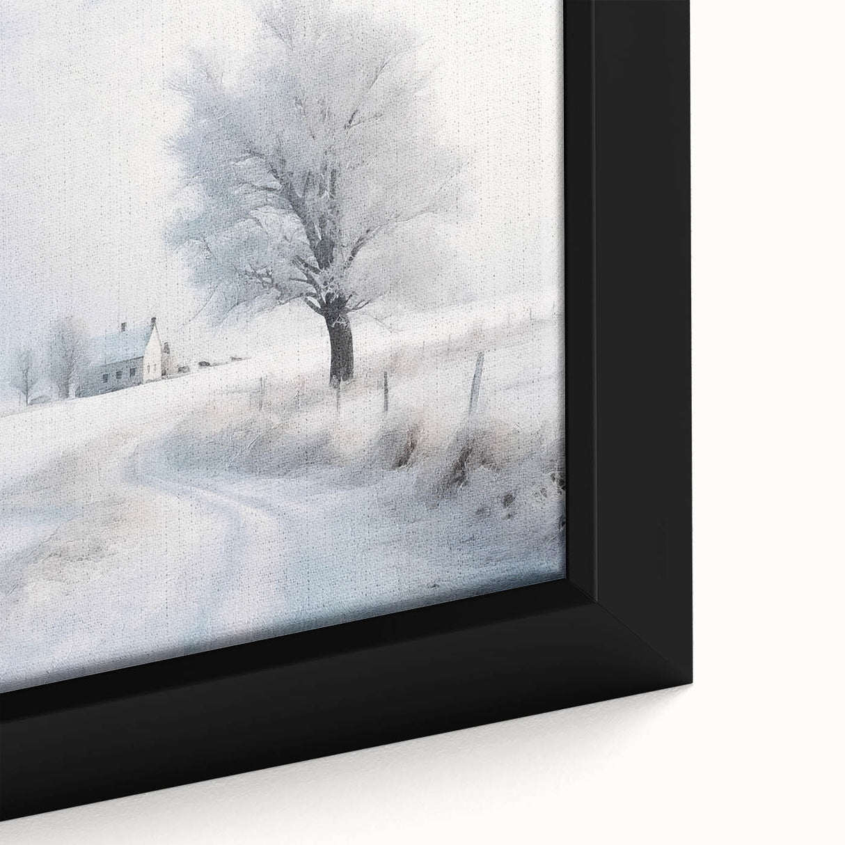 Winter-themed black wall art on framed canvas, featuring a textured snowy landscape in muted colors.