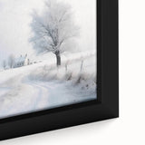Winter-themed black wall art on framed canvas, featuring a textured snowy landscape in muted colors.