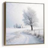 Winter landscape painting on framed canvas, featuring silver and gold tones, ideal for bedroom wall decor.