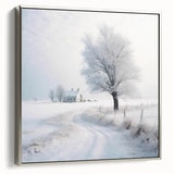 Winter landscape art painting on framed canvas, featuring a snowy scene with muted gray and blue tones.