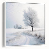 Vintage poster art of a winter scene on framed canvas, featuring a black and white color palette.