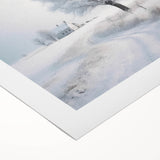 Art deco poster featuring a winter scene in muted blue and white tones on rolled canvas, suitable for dining room decor.