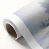 Winter scene on rolled canvas featuring snow-covered trees in art deco style, ideal for nursery wall art.