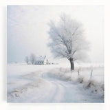 Winter landscape in black and white on stretched canvas, ideal for kitchen wall art.