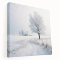 Winter scene with snow-covered trees on large stretched canvas, in muted blue and white tones, suitable for kitchen wall art.