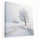 Winter scene with snow-covered trees on large stretched canvas, in muted blue and white tones, suitable for kitchen wall art.