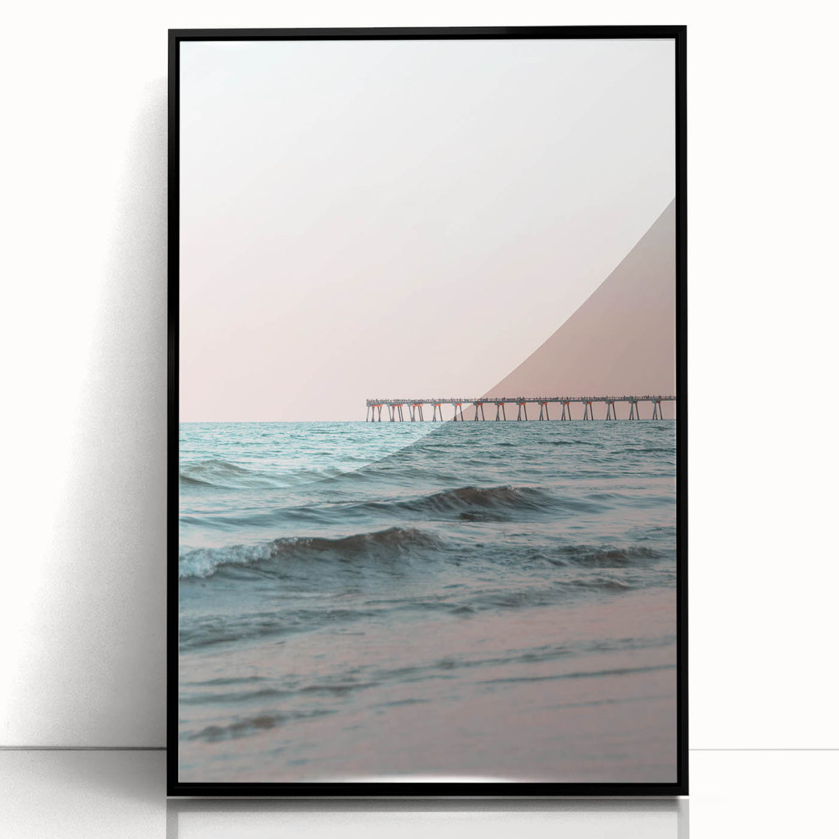 Large abstract wall art featuring swirling blue and gold patterns, acrylic print in a black frame.
