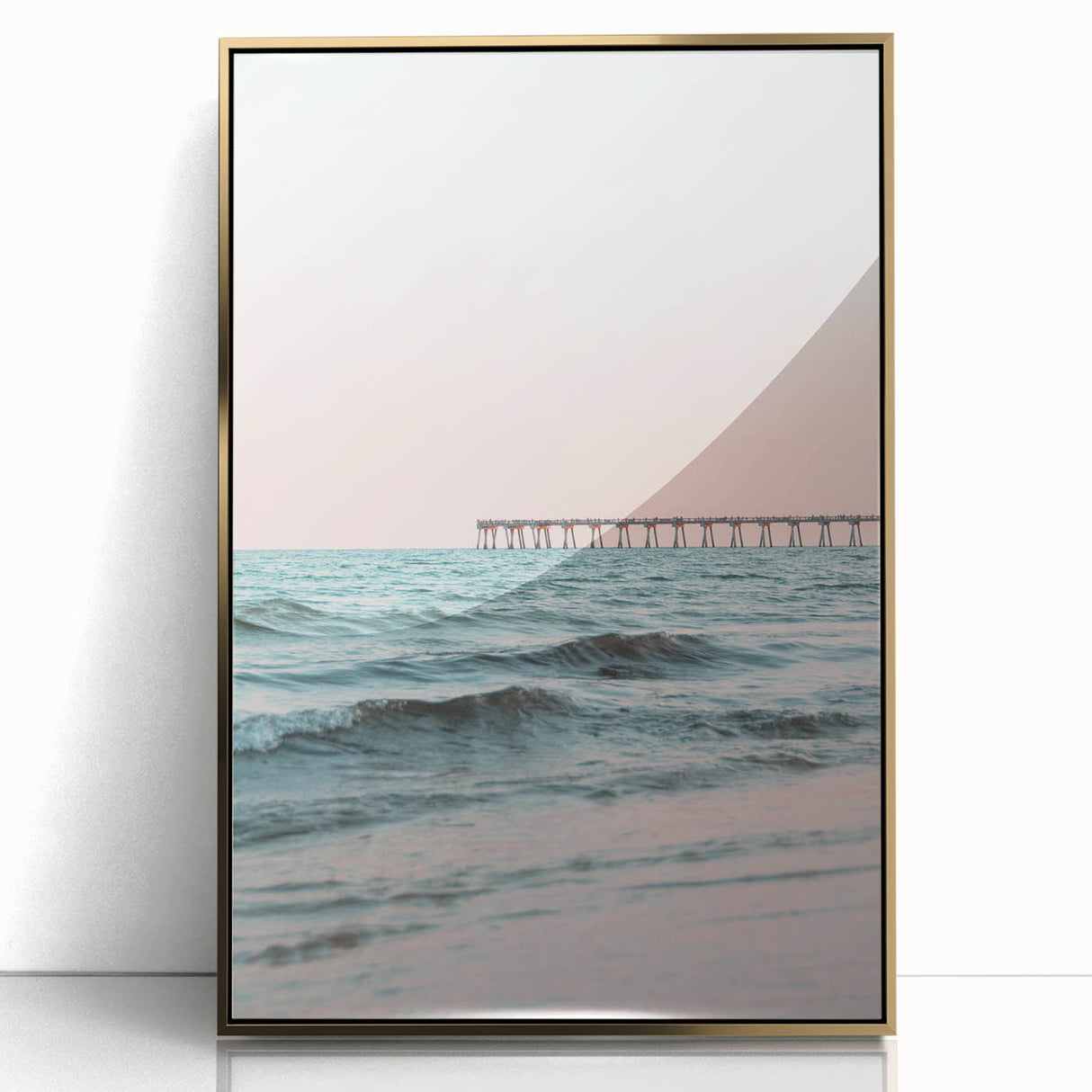 Large acrylic print of a mid-century modernist summer landscape in warm gold tones, ideal for modern art wall decor.