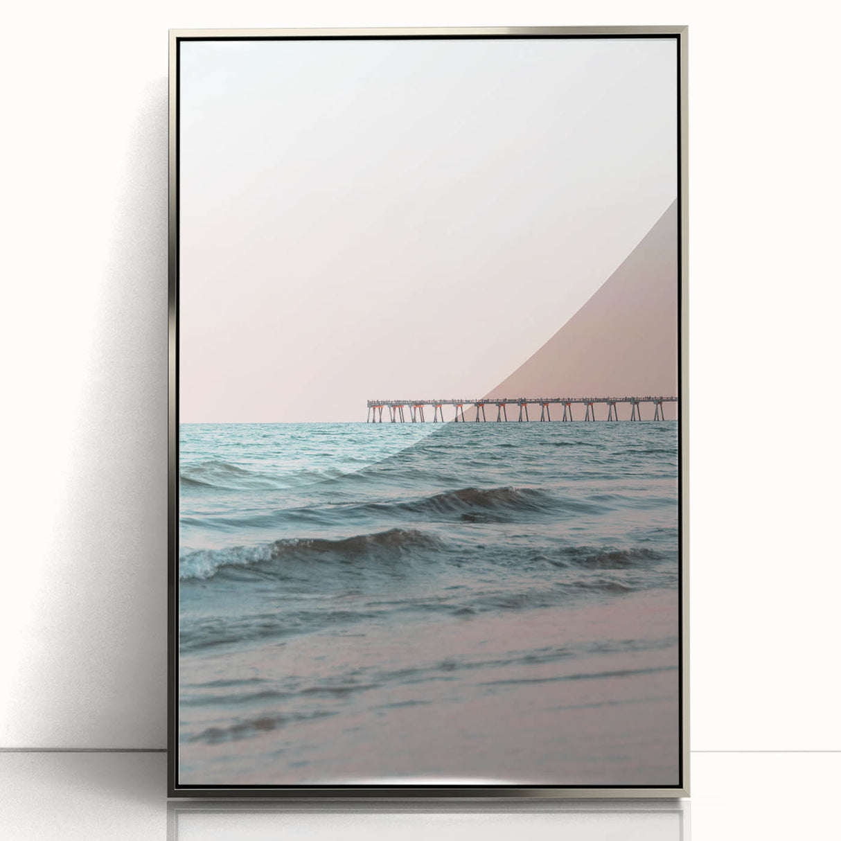Mid-century modernist art deco poster featuring geometric shapes in pastel colors, acrylic print in silver frame.