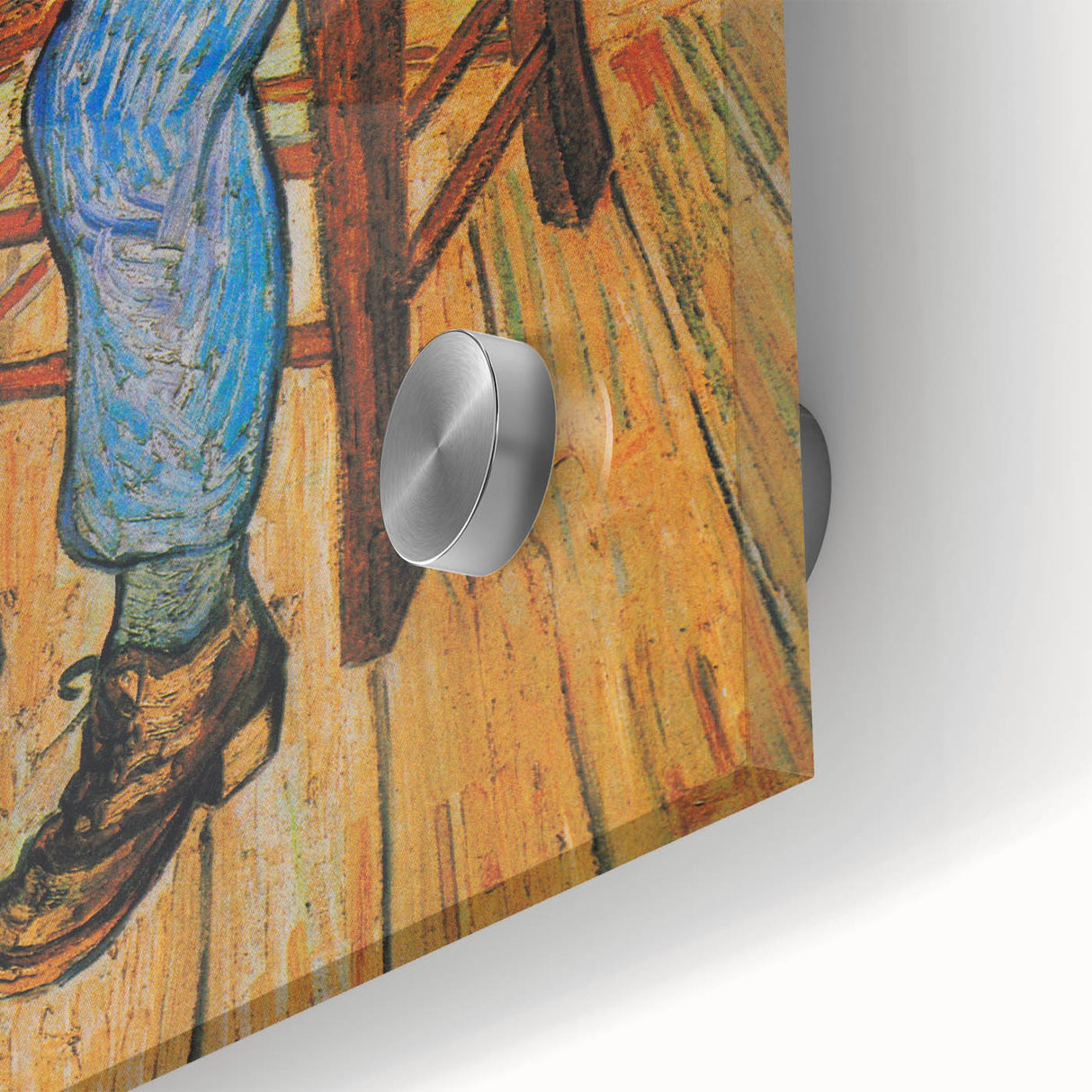 Large abstract wall art print on acrylic glass featuring mid-century modernist swirls in vibrant blue and yellow tones.