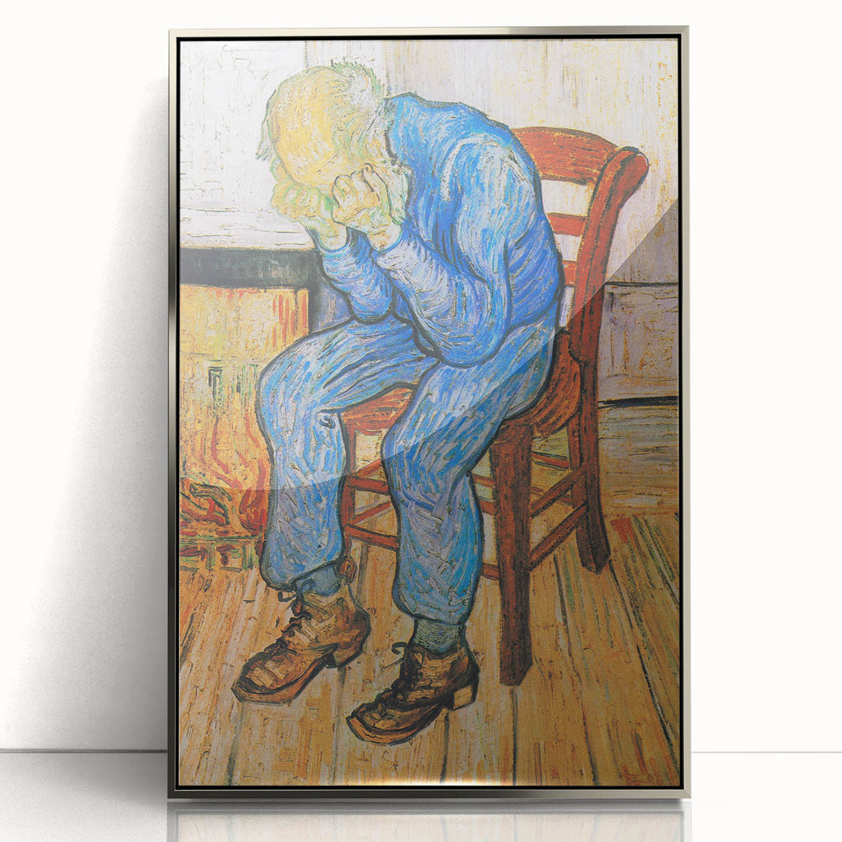 Large art print of Van Gogh's style on silver-framed acrylic, featuring vibrant blues and yellows.