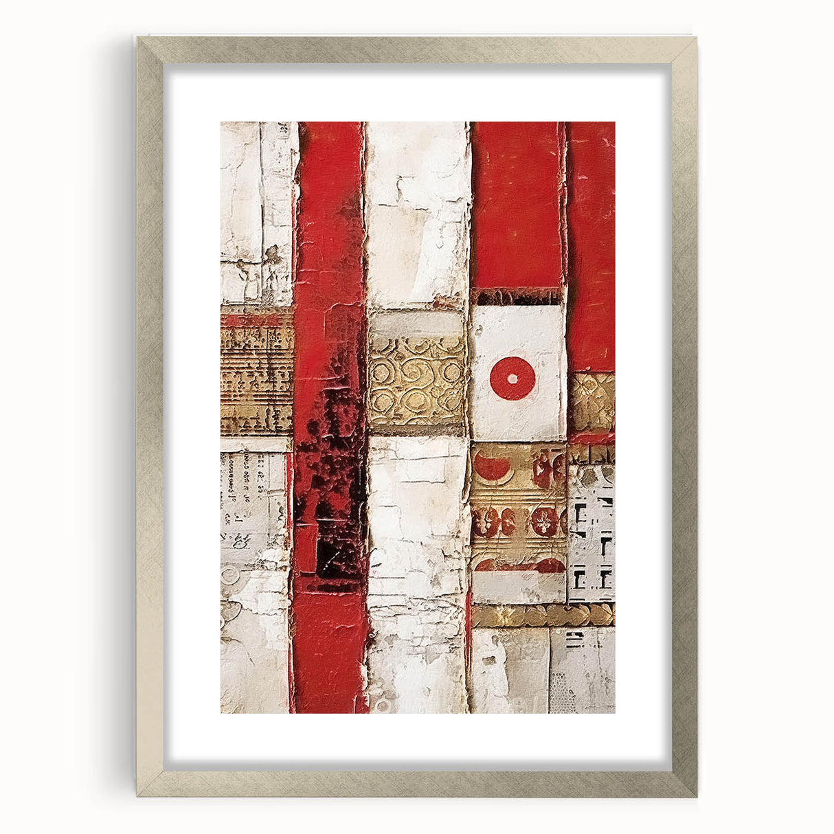 Abstract strokes wall art framed in silver with a mat, showcasing vibrant colors and dynamic patterns, ideal for modern home decor. Perfect for enhancing living spaces.